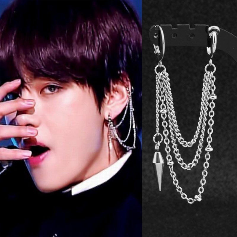 BTS防弹少年团 DNA V金泰亨Kim Tae Hyung 同款简约钛钢流苏耳环