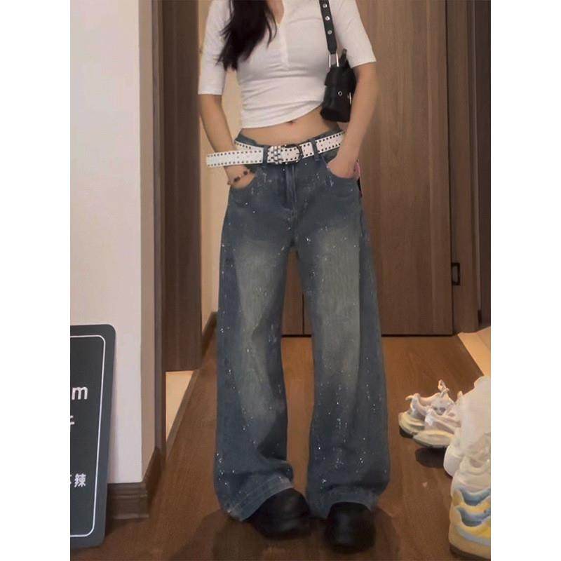 美式复古烫钻低腰牛仔裤女秋冬2025新款设计感宽松直筒阔腿长裤子,女装/女士精品,牛仔裤,淘宝优惠券,粉丝福利购,淘宝优惠卷