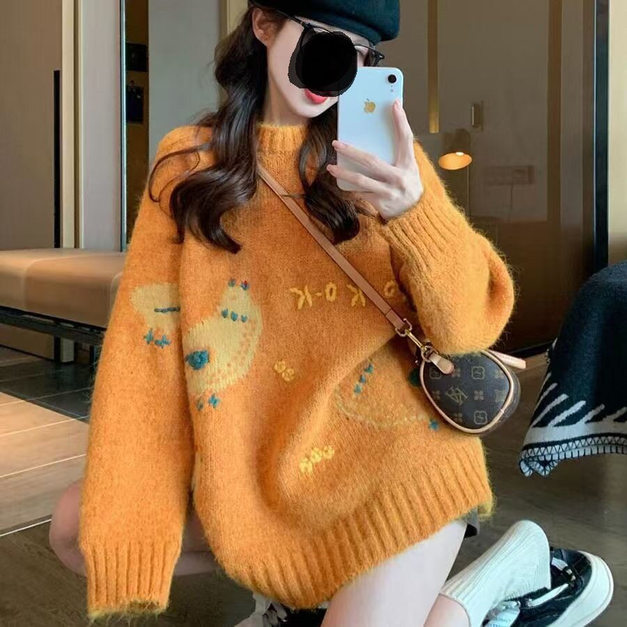 韩系慵懒风趣味卡通提花黄色毛衣女冬季新款宽松软糯套头针织上衣
