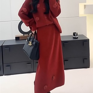 新年红色法式温柔好看立体花毛衣半身裙两件套减龄一整套ootd穿搭