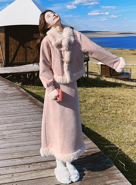 奶呼呼韩系减龄粉皮绒套装裙2025秋冬新款保暖半身裙两件套G0148