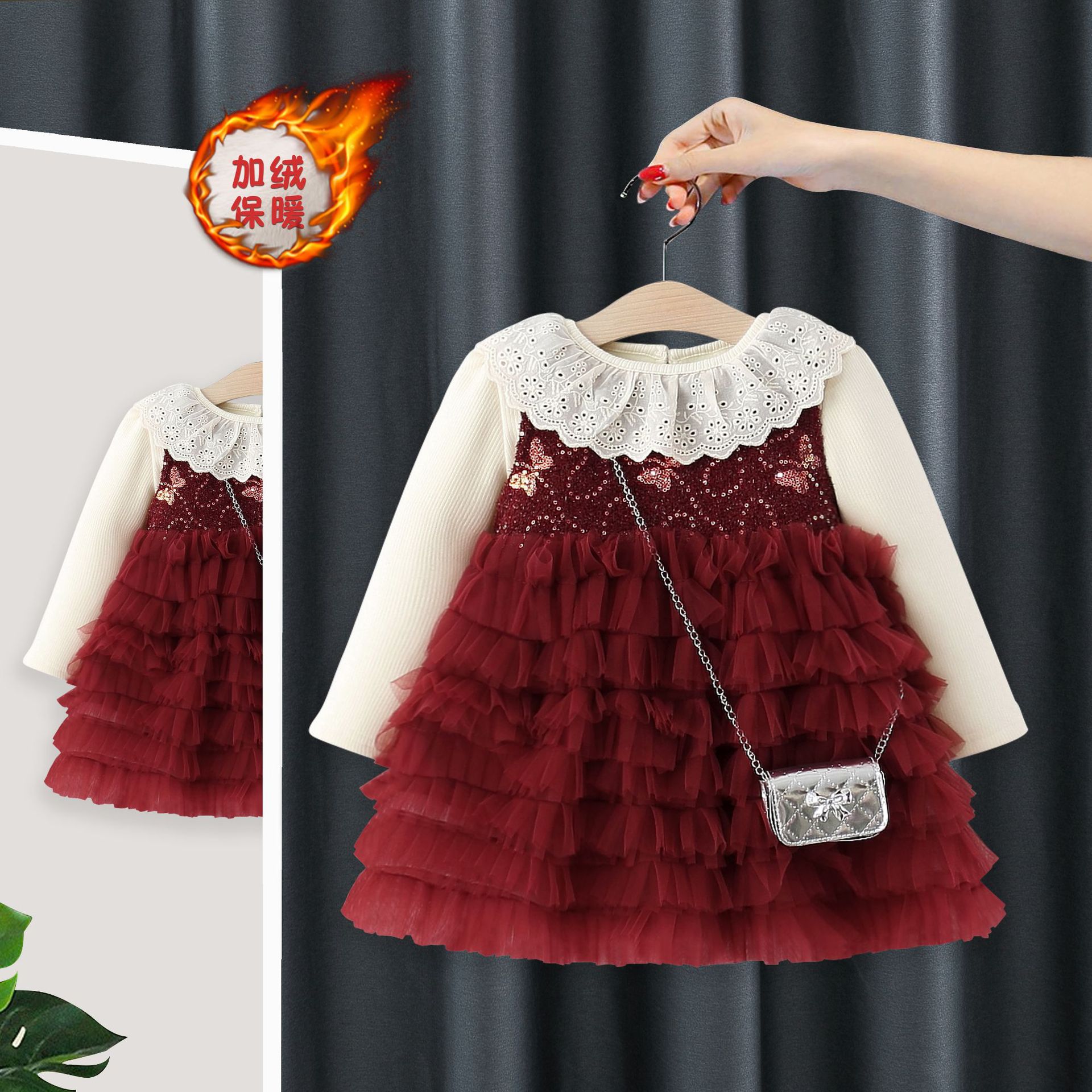宝宝红色裙子周岁礼服加绒连衣裙