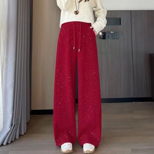 宽松显瘦百搭直筒女士长裤 女高腰休闲裤 中国红满天星春秋卫裤 新款