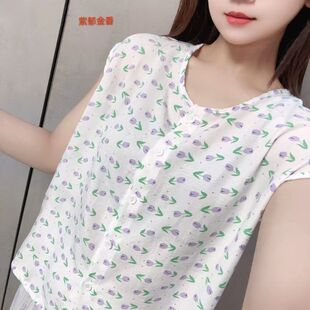 人造棉小衫夏季韩版宽松印花无袖开衫大码百T恤纽扣蝙蝠衫上衣女