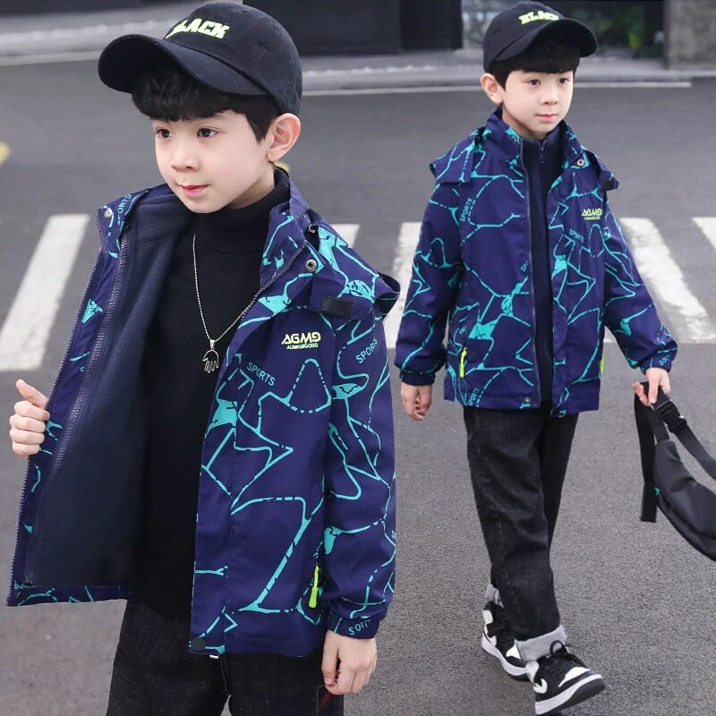 男童加绒加厚秋冬款外套三合一儿童装男孩洋气中大童冲锋衣拆卸潮