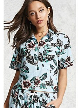 F21系列正品A-17-2-1-2度假翻领短袖宽松夏女衬衫 103743