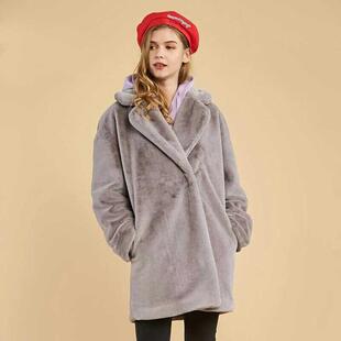 艾格伊品专柜正品翻领仿皮草中长款大衣秋冬加厚外套女 8E0834035