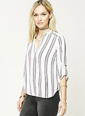 F21系列正品A-6-5-2-1条纹V领可卷长袖春夏衬衫女 207320