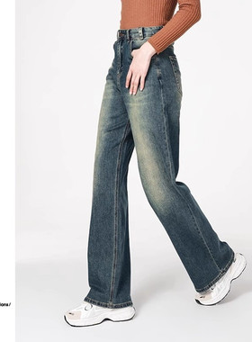 Mixblu麦斯兰专柜正品休闲磨白高腰直筒长裤牛仔裤女春秋WXA29832