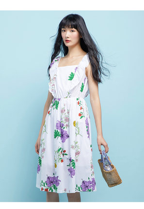 包邮cache专柜正品复古法式荷叶边印花无袖连衣裙春夏9378005