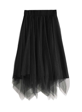 Mixblu麦斯兰专柜正品优雅不对称纱裙松紧腰长裙半身裙WX83356B