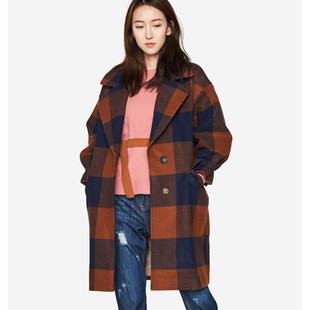 艾格淘特正品灯笼袖格子中长款大秋冬衣48%羊毛呢外套女8A0234021