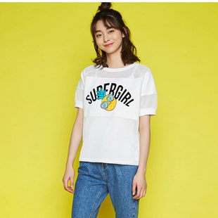 休闲镂空圆领短袖 艾格伊品正品 卡通白夏女T恤8E0328186 包邮