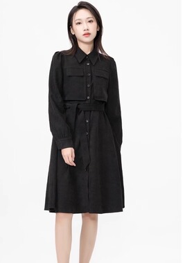 Mixblu麦斯兰专柜正品高级翻领绒面绑带长裙连衣裙春秋冬WXA27885