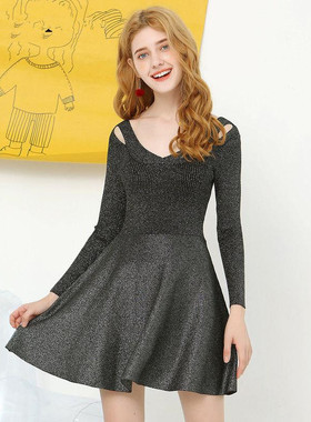 拉系专柜正品甜美裂口修身亮丝A字短裙针织连衣裙春秋冬 20011104