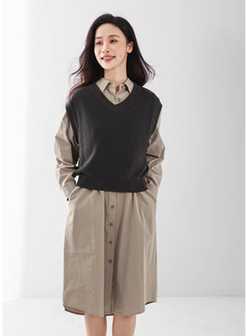 Mixblu麦斯兰专柜正品翻领长袖衬衫连衣裙针织马甲两件套WW133032