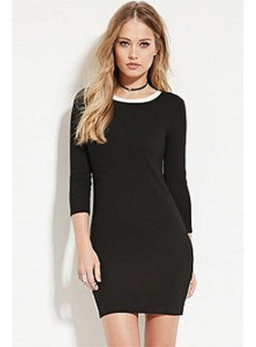 F21专柜正品极简纯色修身圆领七分袖棉质微弹T恤连衣裙春秋157048