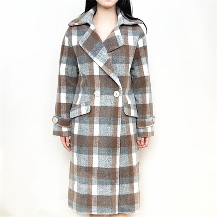 cache专柜正品美拉德格子过膝长款仿毛呢大衣春秋冬外套女8817002