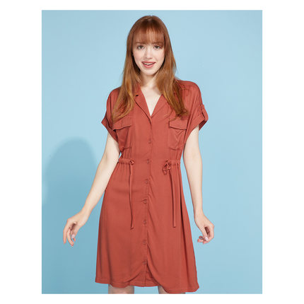 包邮cache专柜正品法式翻领短袖高腰抽绳中裙连衣裙夏 2379060