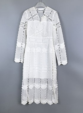 拉系专柜正品唯美设计款镂空蕾丝V领长袖长裙连衣裙春秋 2L001039