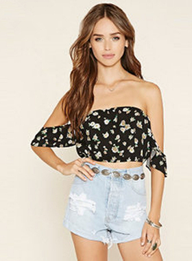 F21正品A-15-8-1-1短款碎花抹胸露肩夏女衬衫170608