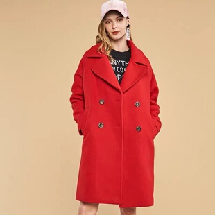 包邮艾格伊品正品春秋冬长款翻领大衣47%羊毛呢厚外套女8E0234011