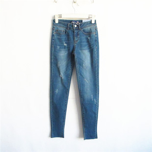 包邮艾格伊品休闲做旧磨破小脚毛边铅笔裤牛仔裤女春秋 8E0323005