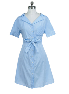 拉系专柜正品小清新通勤V领短袖收腰衬衫蝴蝶结连衣裙夏 2T001055