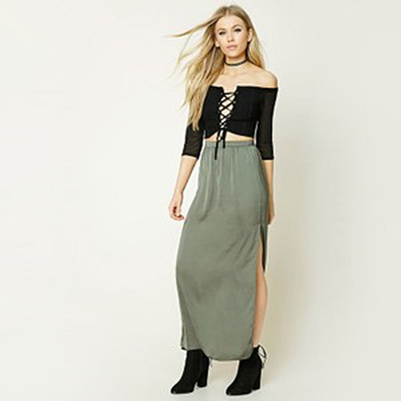 Forever21永远21正品A-14-12-2-3松紧纯色开叉长裙夏半身裙189600