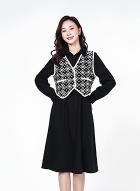 Mixblu麦斯兰专柜正品翻领格子马甲假两件长袖连衣裙春秋BX927002