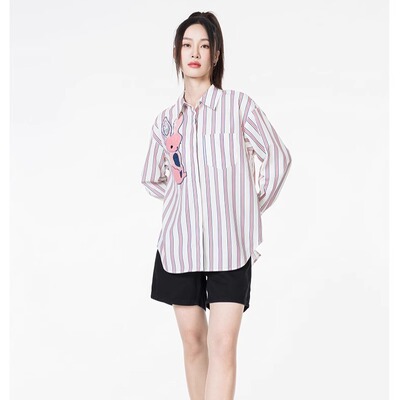 Mixblu麦斯兰专柜正品时尚亮片贴布竖条纹宽松长袖衬衫女BX728018