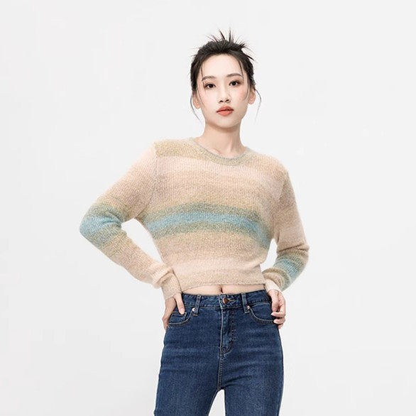Mixblu麦斯兰专柜正品清新渐变圆领长毛薄款短毛衣女春秋BXA61112