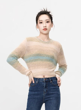 Mixblu麦斯兰专柜正品清新渐变圆领长毛薄款短毛衣女春秋BXA61112