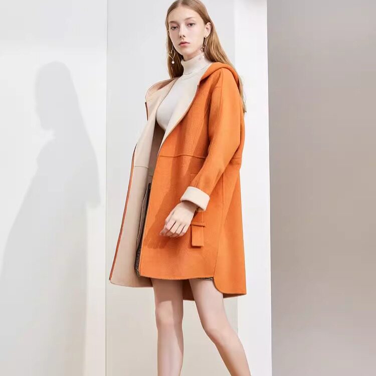 包邮拉系列连帽中长款50%羊毛呢外套双面呢大衣女春秋冬 10024457