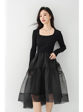 Mixblu麦斯兰专柜正品圆领针织拼接不对称纱裙小黑裙春秋BXC27008