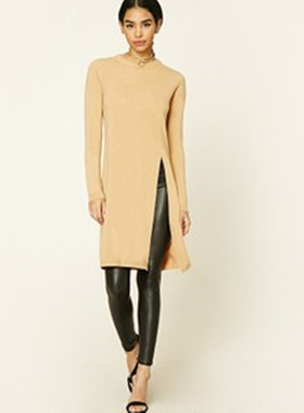 F21专柜正品圆领侧开叉中长款针织秋冬毛衣女 233123