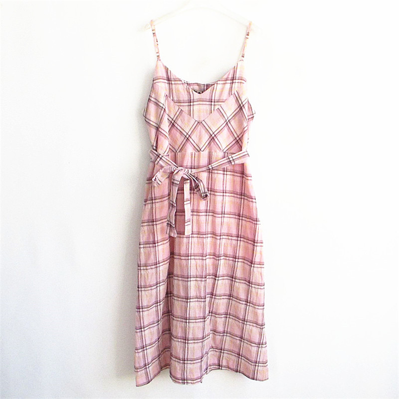 女装甜美格子吊带长裙连衣裙