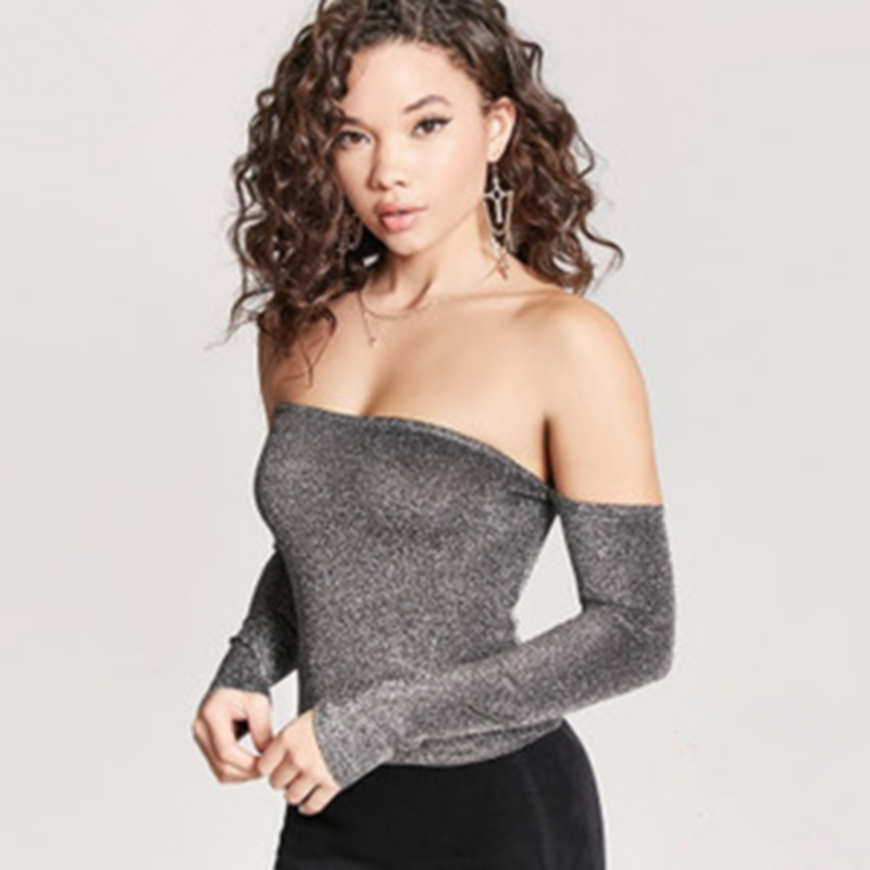 抹胸露肩薄女性感长袖闪亮