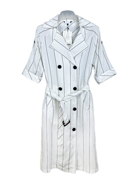 拉系专柜正品干练通勤西装领短袖竖条纹莱赛尔连衣裙夏2L000915