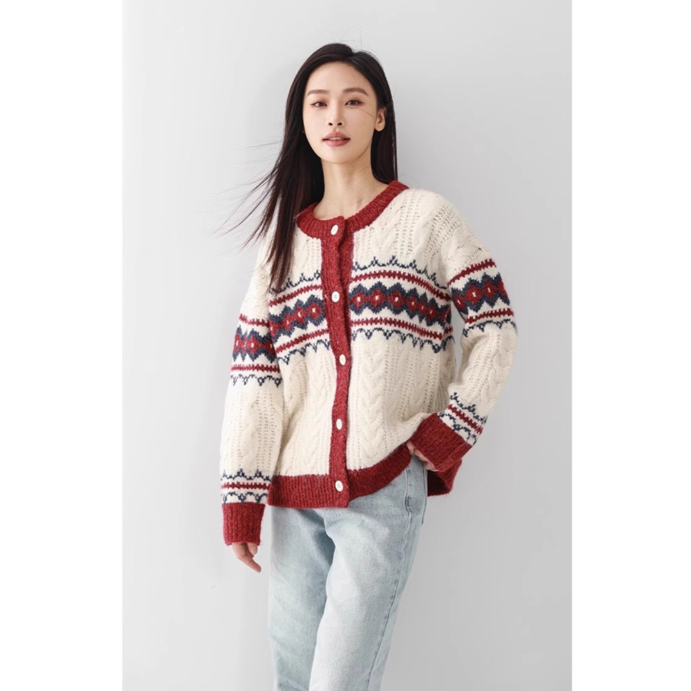 Mixblu麦斯兰专柜正品圆领几何图案毛衣针织开衫女秋外套WXC61129