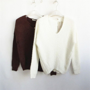 拉系列专柜正品不扎亲肤纯色V领显瘦长毛女针织衫毛衣女 81413173
