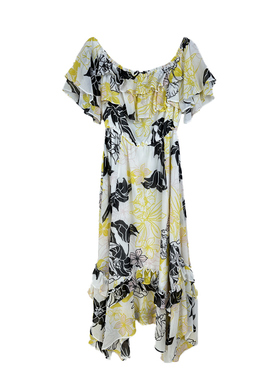 拉系专柜正品两穿优雅印花荷叶边松紧腰雪纺长裙连衣裙夏2T001159