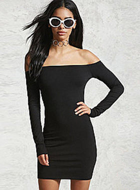 F21专柜正品性感露肩一字肩纯色长袖修身棉质连衣裙春秋 139496