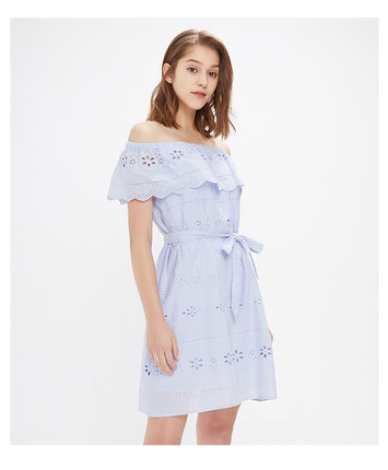 包邮cache专柜正品甜美镂空刺绣一字领露肩连衣裙夏 9379021