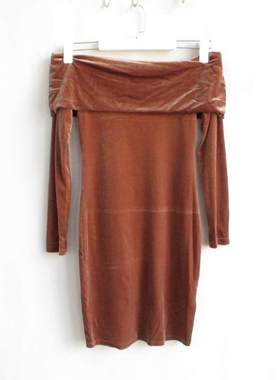 F21专柜正品露肩美拉德一字领长袖金丝绒礼服春秋冬连衣裙 210156