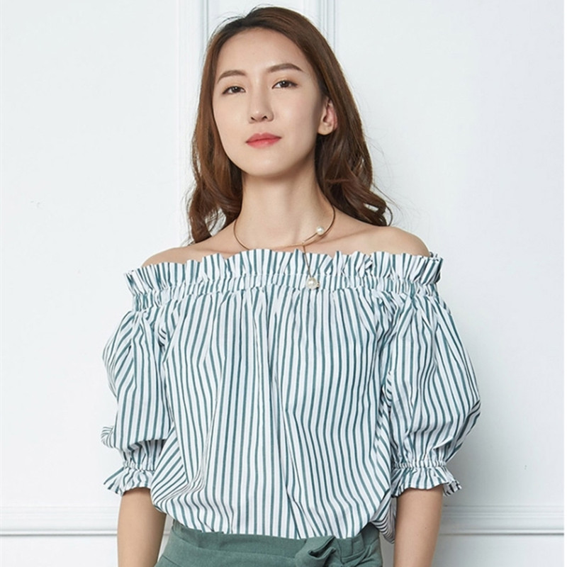 艾格伊品正品C-1-4-1-2森女竖条纹一字领中袖短衬衫8E0214095