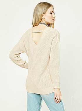 F21正品露背V领春秋中长款针织衫毛衣女 189479