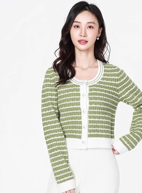 Mixblu麦斯兰专柜正品可爱圆领条纹毛衣开衫针织衫女春秋WXA61619