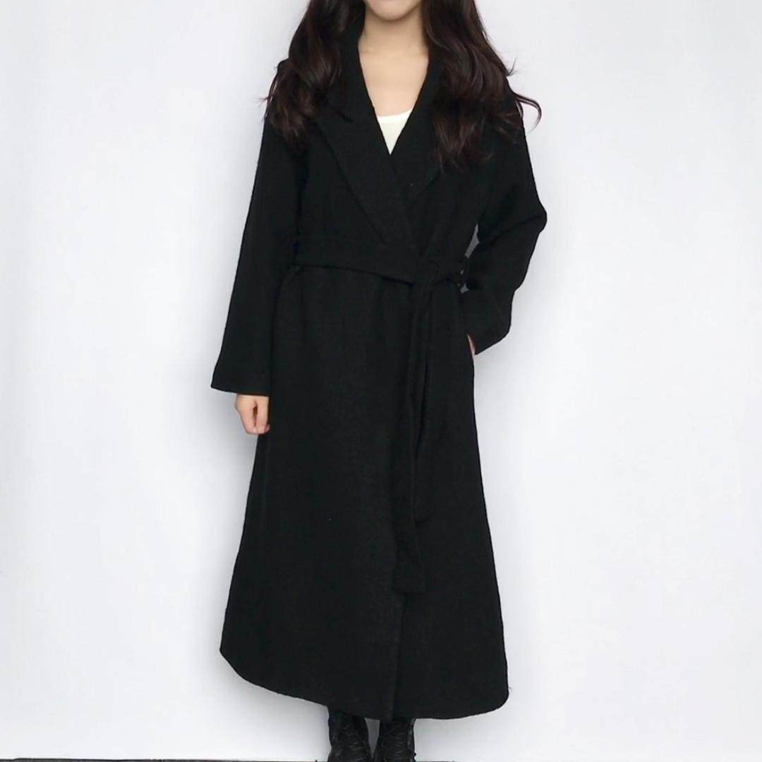 翻领长款秋冬女毛呢外套大衣