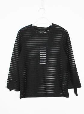 包邮艾格伊品专柜圆领条纹透视绑带短袖女T恤春秋夏8E0128043